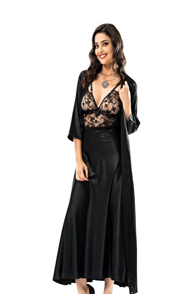 MOONGIRL Set de halate de damă din satin negru cu detaliu din dantelă model 2080