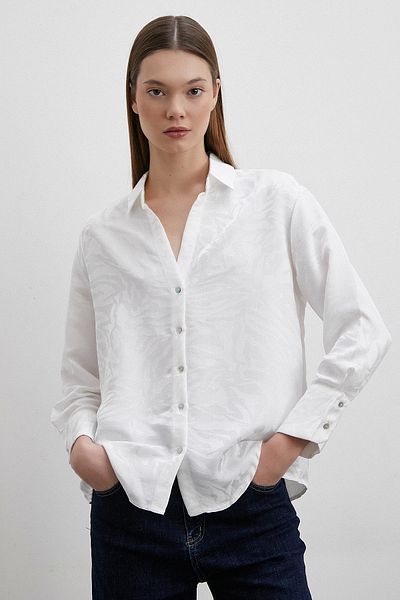 Never more White V-Neck Jacquard Shirt