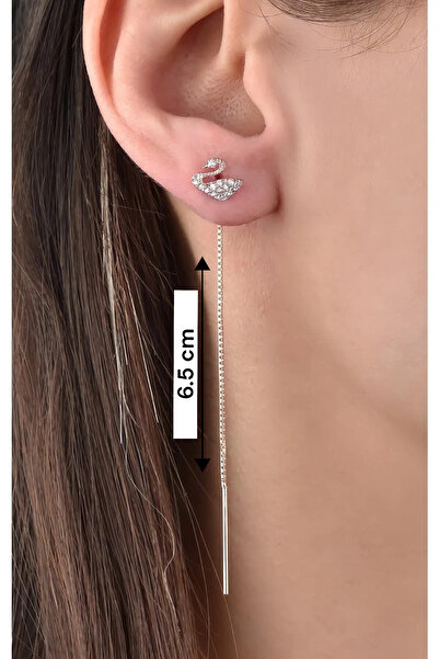 jelux silver Gümüş 925 Ayar Zirkon Taşlı Asansör Zincir Kuğu Model Rose Renkli Tekli Küpe