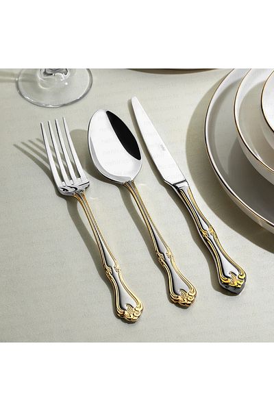 Nehir Cutlery set. (Spoons - forks - knives). Consists of 89 pieces. With luxury wooden box.Gold