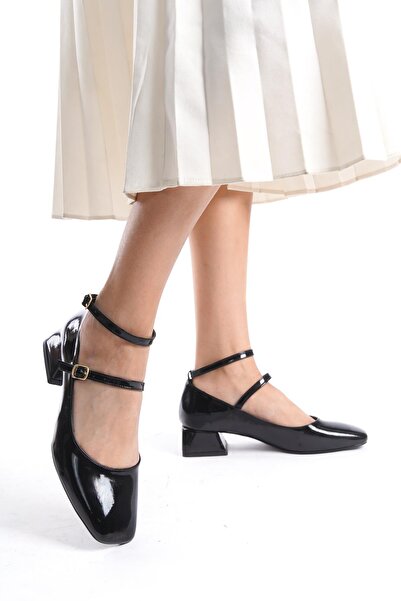 Bak Store Mary Jane Black Patent Leather - Thick Heel Women's Shoes with Blunt Square Toe and Helmet