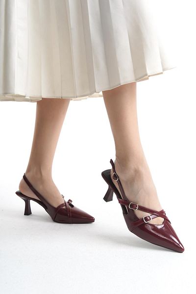 Bak Store Burgundy Patent Leather Silver Buckle Detailed Women's Heeled Shoes