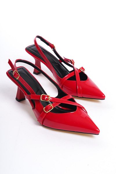 Bak Store Red Patent Leather - Pointed Toe and Buckle Detailed Women's Heeled Shoes