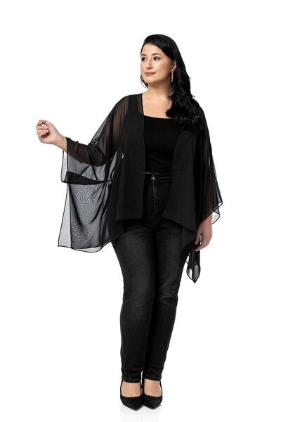 DISENTIS MODEST Plus Size Wide Cut under Sleeve Stitching Detail Black Poncho Bolero
