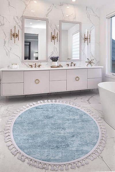 Dokumacıoğlu Nova Blue (120x120 cm) - Στρογγυλό χαλάκι μπάνιου με κρόσσια, αντιολισθητικό χαλί και βάση που πλένεται
