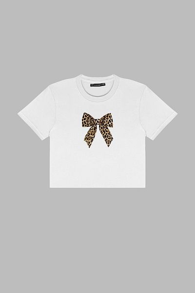 Bak Moda Bow Leopard Printed White Crop Top