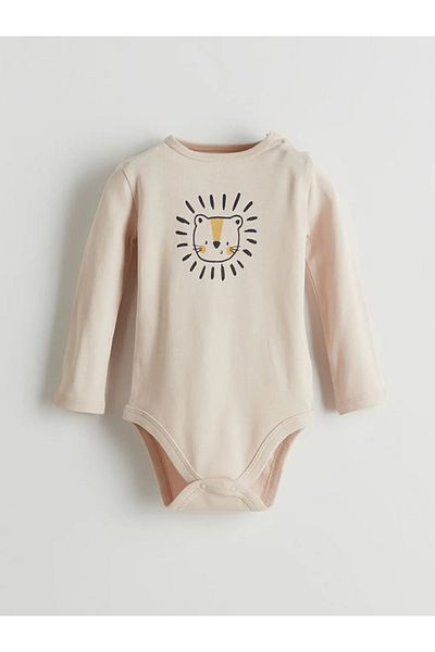 LC Waikiki Lcw Baby Beige Crew Neck Printed Baby Boy Snap Bodysuit