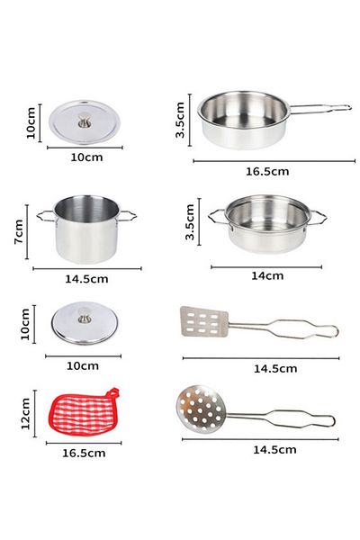 TUENGİ STORE Dollhouse Kitchen Play Set Realistic 8 Piece Toy Steel Cookware Pan Set