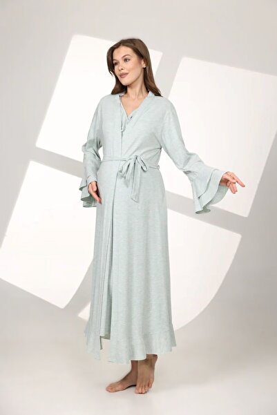 Pelin طقم ثوب نوم للحوامل برقبة مزدوجة الصدر باللون الأخضر المائي