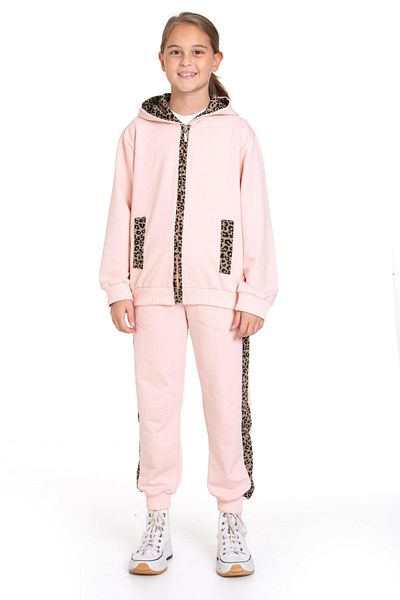 zepkids Hooded Leopard Stripe Detailed Powder Color Girl's Tracksuit Set