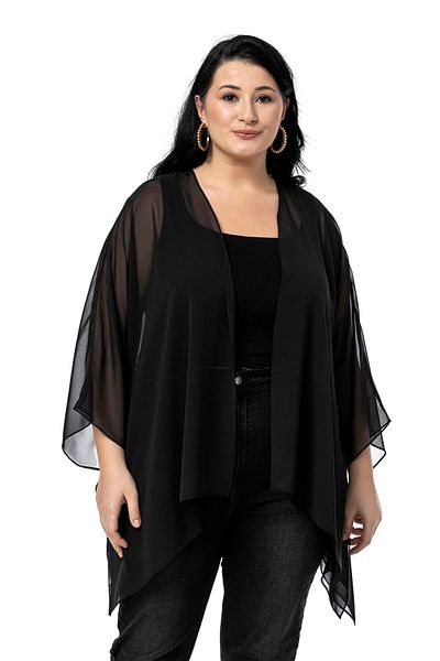 DISENTIS MODEST Plus Size Wide Cut under Sleeve Stitching Detail Black Poncho Bolero