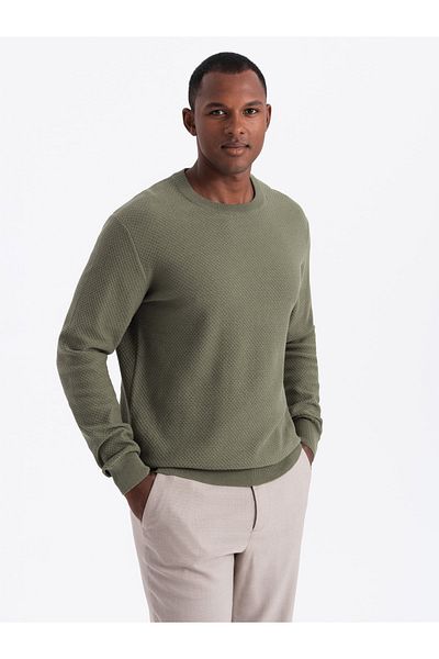 OMBRE Herren Strickpullover RELAXED FIT in Rautenwebung - oliv V4 OM-SWSW-0110 M