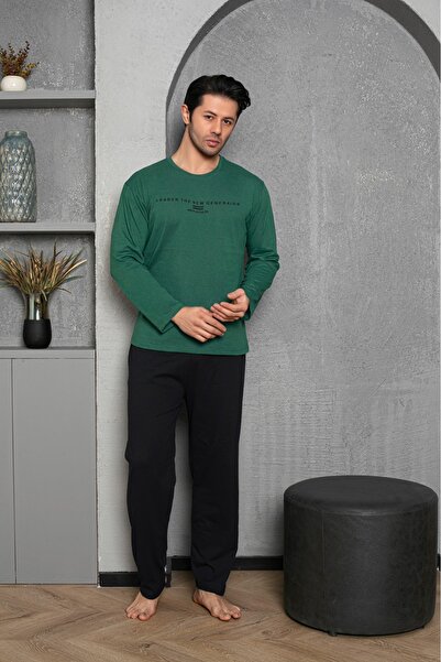 Moonzer Smoked Piece Cotton Long Sleeve Men's Pajamas Set Navy Blue Gray U-3090