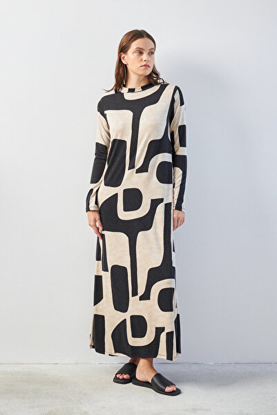 Bipantolon Γυναικείο μαύρο μπεζ μανγκό μοτίβο μισό ζιβάγκο μακρυμάνικο φόρεμα