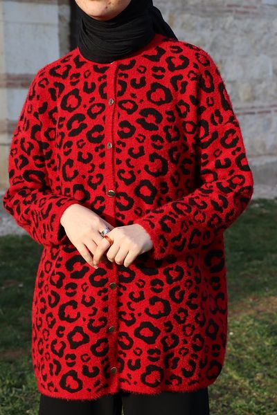 ilmek 24113 Burgundy Leopard Print Soft Women's Cardigan
