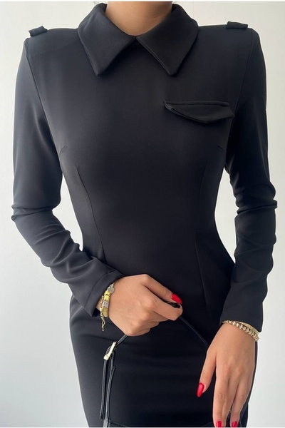 bayansepeti Black Women's Atlas Fabric Shirt Collar Design Midi Pencil Evening Dress 341