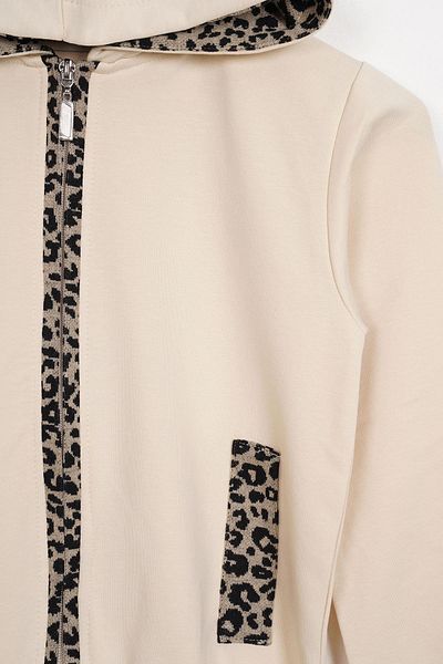 zepkids Hooded Leopard Stripe Detailed Stone Color Girl's Tracksuit Set
