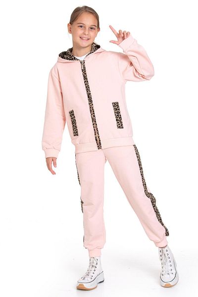 zepkids Hooded Leopard Stripe Detailed Powder Color Girl's Tracksuit Set