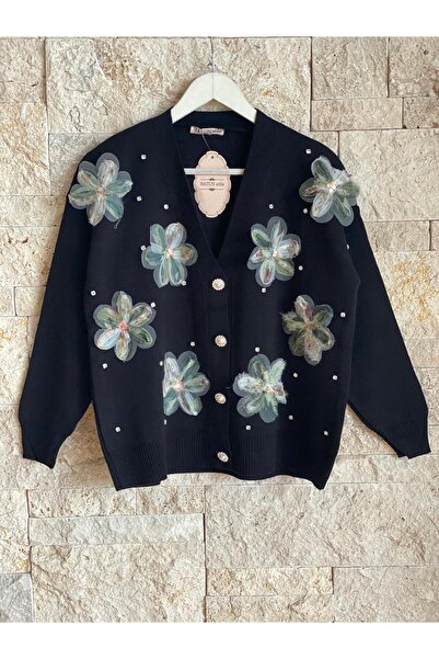 Hatun Atila HatunAtila Tül Çiçek Ve İnci Detaylı Hırkalı Triko Hırka Siyah