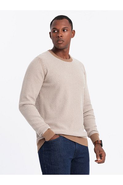 OMBRE Ανδρικό πλεκτό πουλόβερ RELAXED FIT με σχέδια - ανοιχτό καφέ V3 OM-SWSW-0111 S