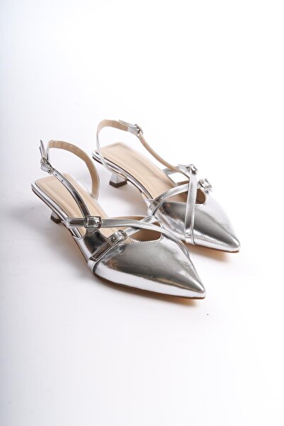 Bak Store Silver 3 cm Heeled Women's Shoes Banded Buckle Detailed Pointed Toe