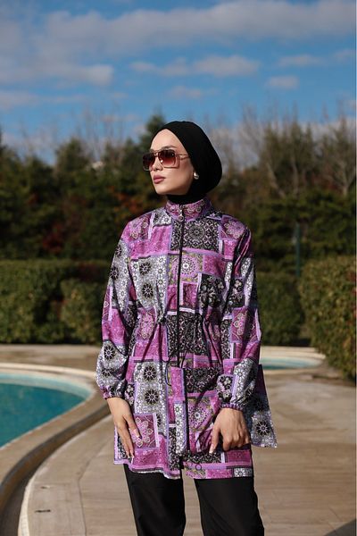 dilber fashion Authentic Pattern Hijab Swimsuit with Bone and Bag Gift, Elastic Waist and Zipper