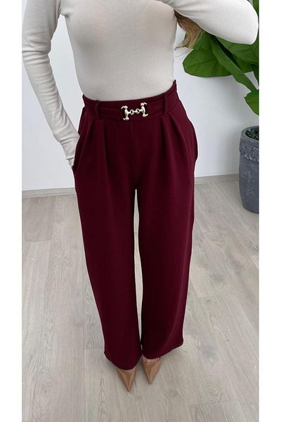 Nazline Women's Buckle Detailled Pleated Crepe Loose Leg Pants