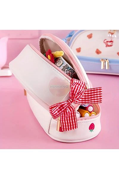 GlassySKY Strawberry Design Double Compartment Faux Leather Pencil Case Pen Holder