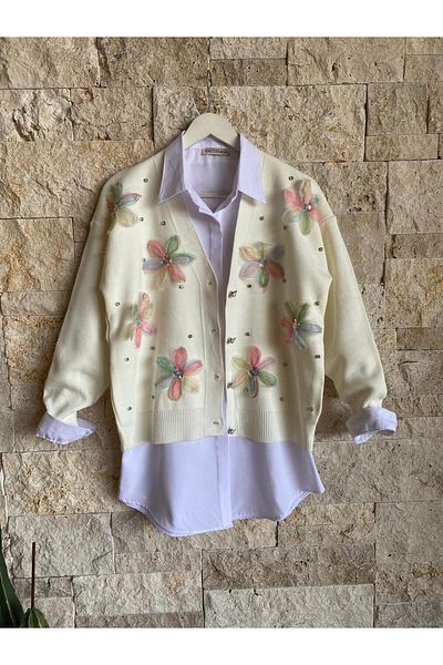 Hatun Atila Hatunatila Ecru Knitwear Cardigan - Tulle Flower and Pearl Detail