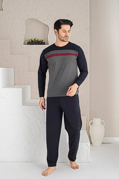 Moonzer Smoked Piece Cotton Long Sleeve Men's Pajamas Set Navy Blue Gray U-3090