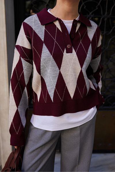 DUSOHOME Claret Red - Gray Polo Neck Diamond Pattern Three Button Knitwear Diamond Patterned Sweater