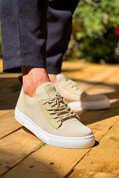 TB Terzi Bey Tb-110 Tailor Bey Beige Knitwear Ανδρικά παπούτσια με ψηλή σόλα με κορδόνια