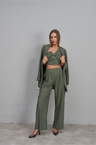 Rabia Çelik Women's Khaki Green Bustier Trousers Jacket 3-Piece Bottom Top Set