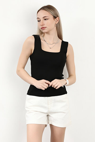 GİYSA Γυναικείο τετράγωνο γιακά Χοντρό λουράκι Basic πλεκτό μπλούζα μαύρη - 2000