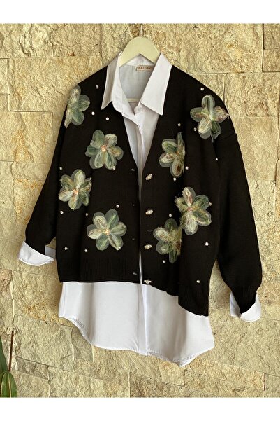 Hatun Atila HatunAtila Tül Çiçek Ve İnci Detaylı Hırkalı Triko Hırka Siyah