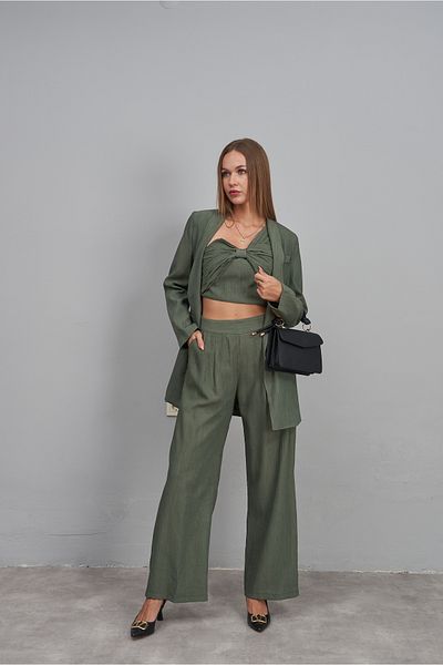 Rabia Çelik Women's Khaki Green Bustier Trousers Jacket 3-Piece Bottom Top Set