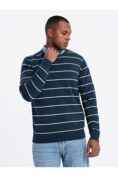 OMBRE Pulover casual barbatesc cu dungi orizontale - bleumarin V1 OM-SWSW-0143 XXL