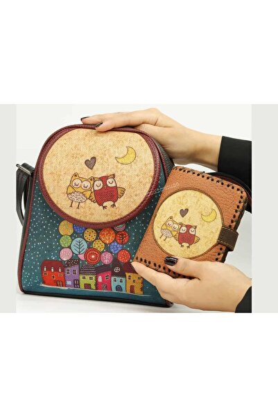 HOODİEMOUSE Owl Figured Small Messenger Bag Black and Small Wallet Tan Combin...
