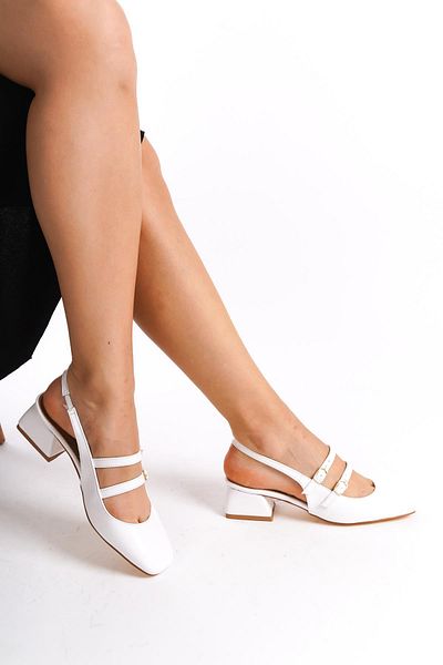 Bak Store Mary Jane, albă, din piele lacuită, cu spatele deschis, cu vârful tocit, pantofi cu toc scurt