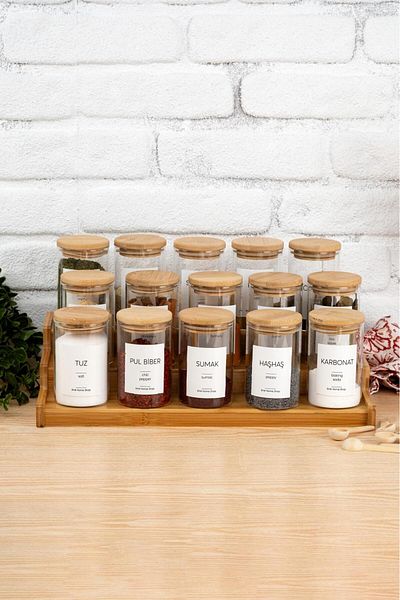emir home shop 15Pcs Glass Spice Rack Bamboo Lid Set - with Ladder Stand and Sticker with Wooden Spoon