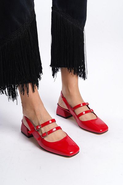 Bak Store Red Mary Jane Patent Leather - Low Heel Shoes with Open Back, Blunt Toe and Helmet