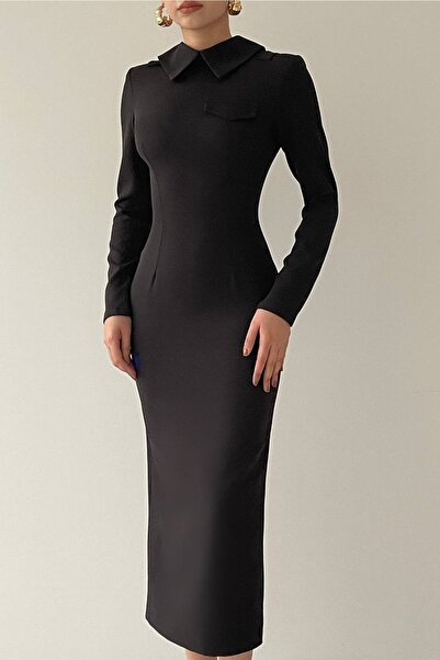 bayansepeti Black Women's Atlas Fabric Shirt Collar Design Midi Pencil Evening Dress 341