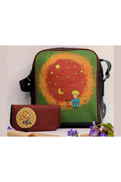 HOODİEMOUSE حقيبة كتف ساعي البريد كبيرة مع شخصية الأمير الصغير، حقيبة يد على الطراز البوهيمي العرقي باللون الأسود، ومحفظة باللون العنابي