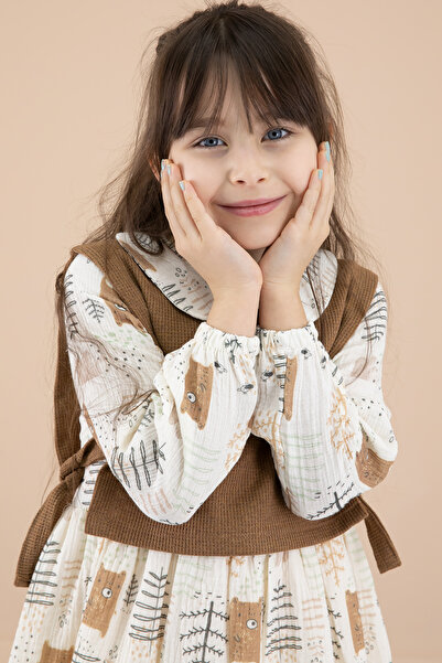 Cansın Mini Coffee Sweater Patterned Girl's Long Sleeve Dress 20219