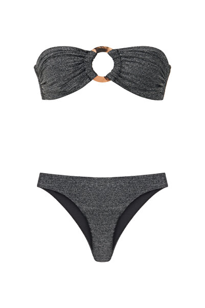 AQUELLA Halka Toka Aksesuarlı Simli Siyah Straplez Bikini