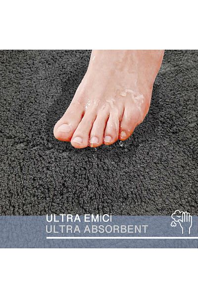 Dokumacıoğlu Rixos 2-Piece Black Bath Mat Set - Non-Slip Leather and Washable Toilet Bowl