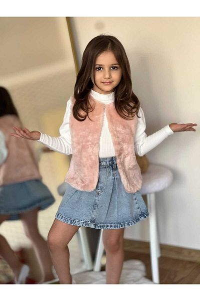 CoolCix New Season Plush Vest-Denim Skirt and Blouse Holiday 3-Piece Set