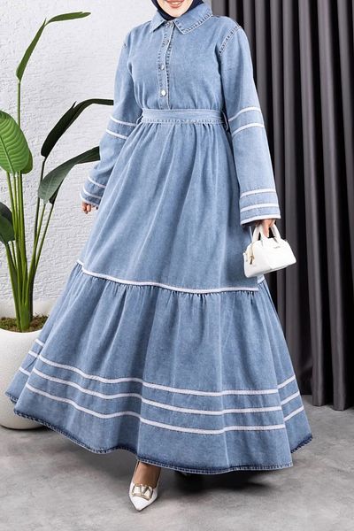 Kirazgym Blue Hijab Jeans Dress - Ribbed and Belted