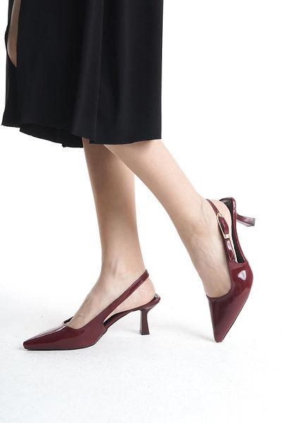 Bak Store Cherry Red Burgundy Patent Leather Gold Buckle Detailed Women's Heeled Shoes Stiletto