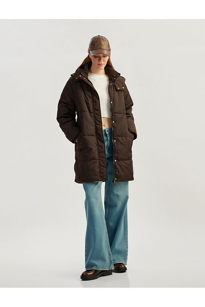 Koton Oversize Puffer Jacket with Hooded Snap Button and Zipper